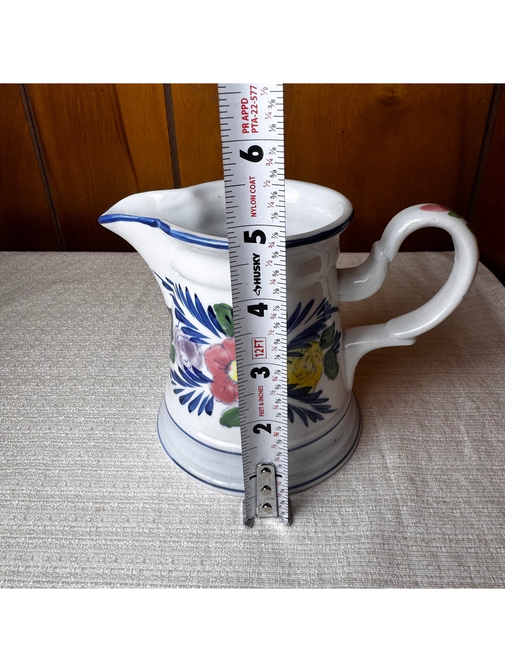 Vintage Hand Painted Floral Ceramic Pitcher Creamer Blue Trim 5 Inch Cottage - Picture 8 of 8